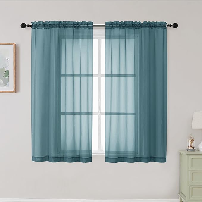 Dusty Blue Sheer Curtains for Bedroom Living Room 45 Inch Length 2 Panels by WelvetBLK