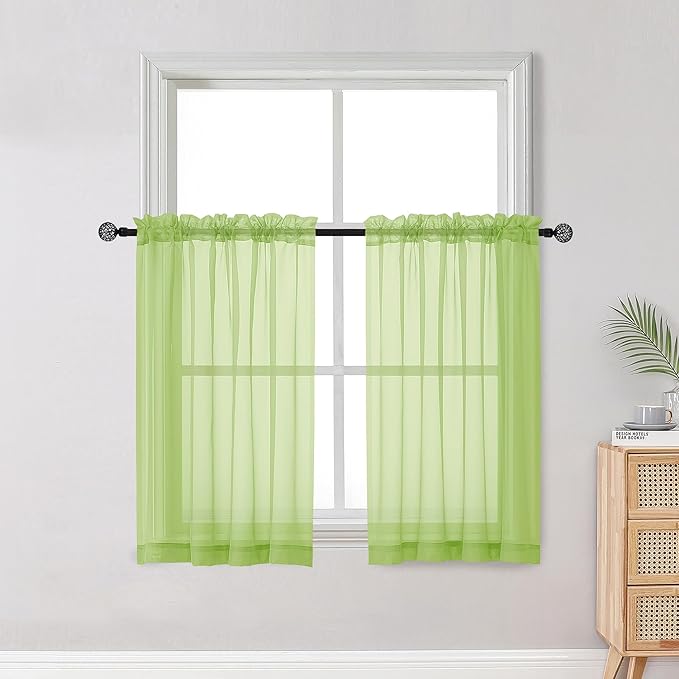 OWENIE Short Lime Sheer Curtains 36 Inch Length 2 Panels Set, Kitchen Tiers by OWENIE