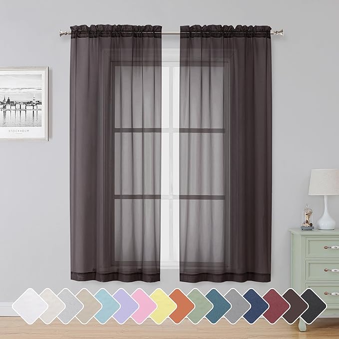 Simplebrand Chocolate Sheer Curtains 63 Inch Length 2 Panels, Rod Pocket Solid by Simplebrand