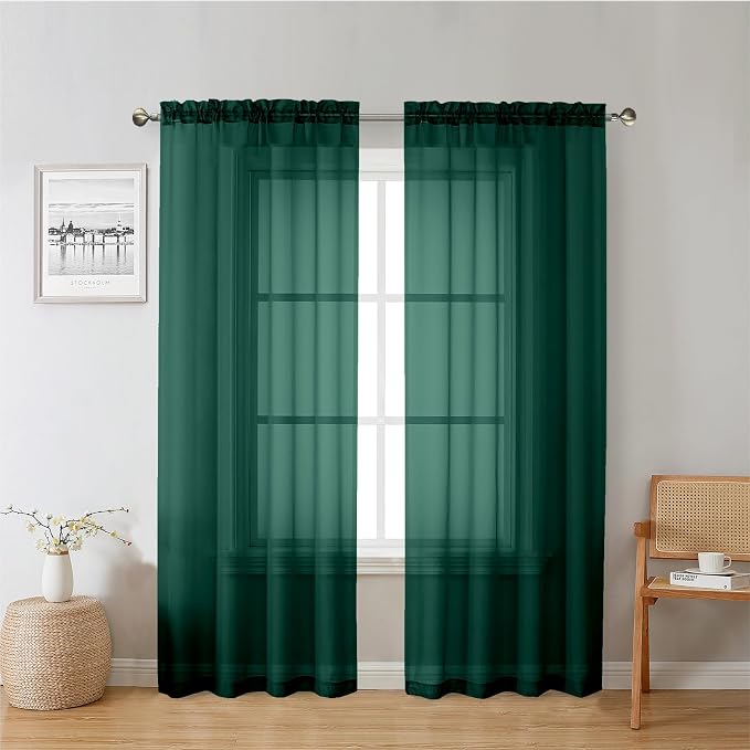 Lecloud Hunter Green Sheer Curtains 72 Inches Long 2 Panels, Rod Pocket Voile by Lecloud