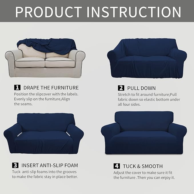 Easy-Going Stretch Loveseat Couch Covers Washable Navy | 1-Piece Loveseat Covers - Image 8