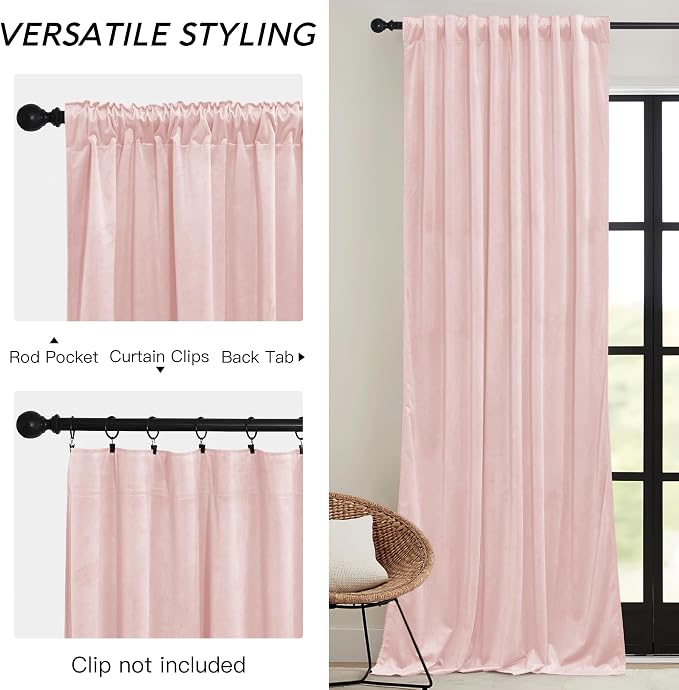 RYB HOME Pink Velvet Curtains 96 inches, Back Tab Soft Fabric Room Darkening - Image 2