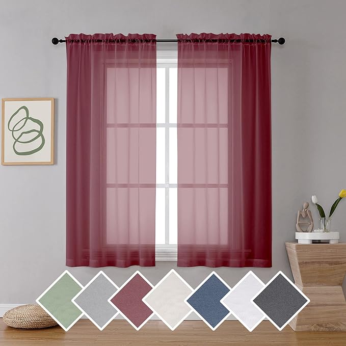 OVZME Burgundy Sheer Curtains 63 inch Length 2 Panels Set by OVZME