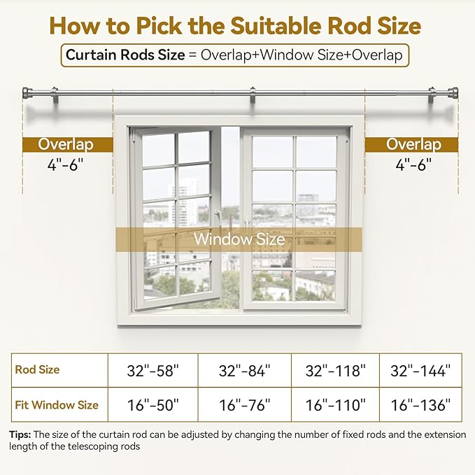 YaFex Curtain Rods 32-118 Inch, Heavy Duty 1 Inch Adjustable Curtain Rod - Image 6