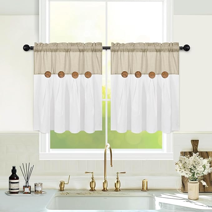 Boho Kitchen Curtains 24 Inch Length, Farmhouse Cotton Linen Tier Curtains by FRAMICS