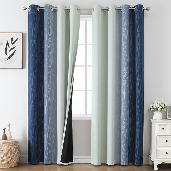 Estelar Textiler Navy Blue and Sage Green Ombre Blackout Curtains 84 Inch by ESTELARTEXTILER
