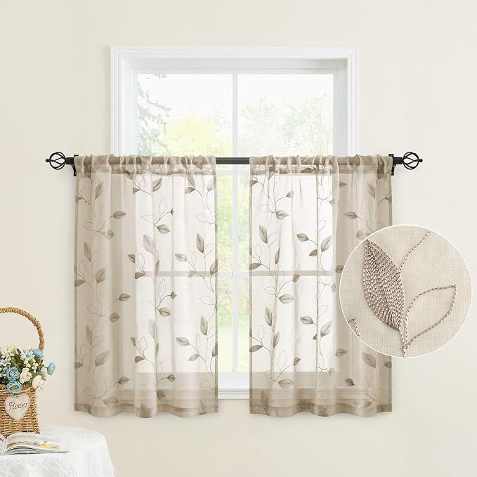 HOMEIDEAS Taupe Sheer Kitchen Curtains 30 X 24 Inch Length 2 Panels Beige by HOMEIDEAS