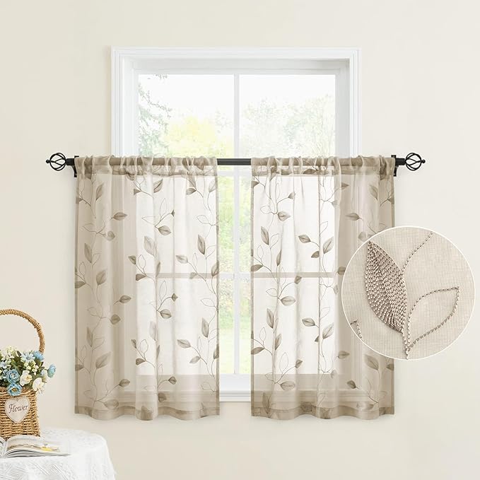 HOMEIDEAS Taupe Sheer Kitchen Curtains 30 X 36 Inch Length 2 Panels Beige by HOMEIDEAS