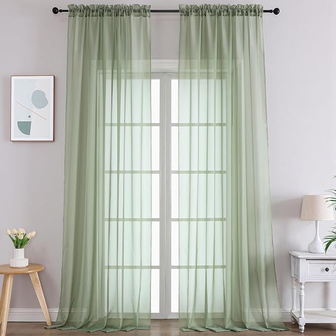 Gwine Sage Green Sheer Curtains 120 Inches Long 2 Panels Set, Extra Long Sheer by Gwine