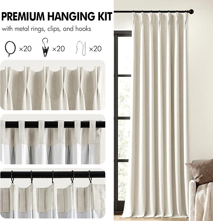 MIULEE Natural Pinch Pleated 100% Blackout Linen Curtains 40x63 Inches | Room - Image 8