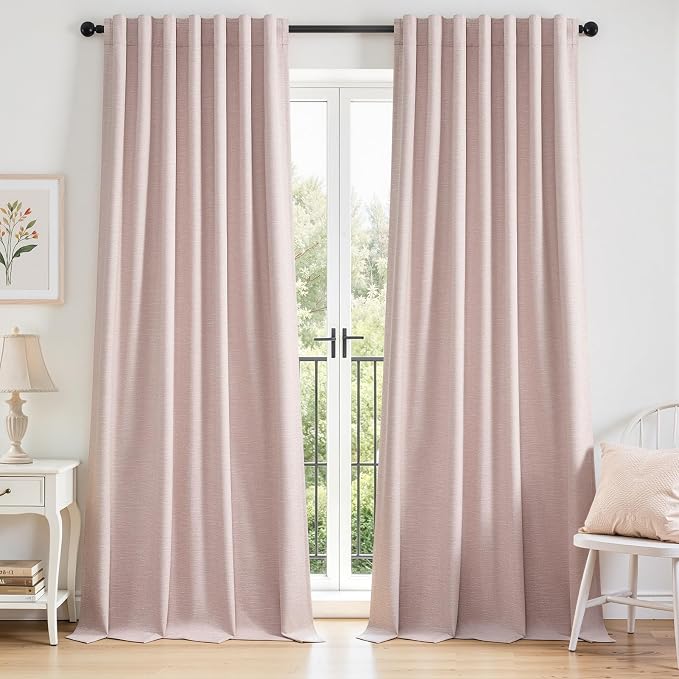 Baby Pink 100% Blackout Linen Curtains 96 Inch Length 2 Panels by Topfinel