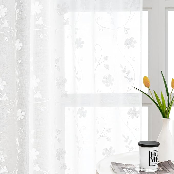 HOMEIDEAS White Sheer Curtains 63 Inch Length 2 Panels White Embroidered Floral by HOMEIDEAS