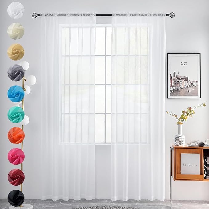 youleyar Solid Sheer Rod Pocket Curtain Voile Draperies 2 Panels White Beige by Youleyar
