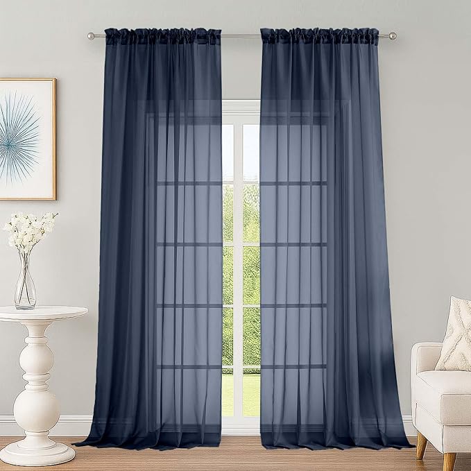 OWENIE Extra Long Navy Blue Sheer Curtains 96 Inches Long 2 Panels Set by OWENIE
