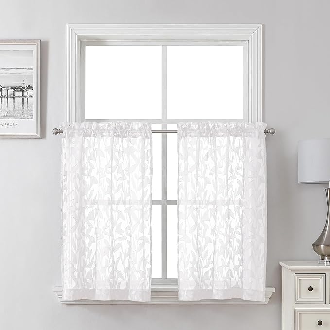 Lecloud Leia White Sheer Kitchen Curtains 30 Inch Length 2 Pcs, Jacquard Leaf by Lecloud