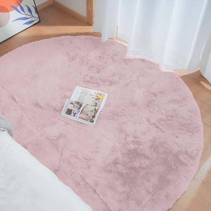 ORINOVA Pink Boho Round Rugs 8ft Large Fluffy Machine Washable Fuzzy Fur Area - Image 3