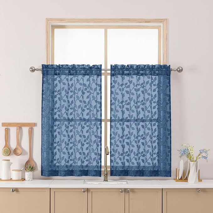 Chyhomenyc Dusty Blue Sheer Curtains 36 Inch Length, Light Filtering Leaf by Chyhomenyc