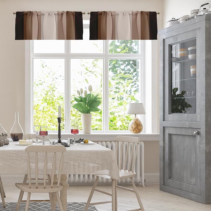 Emvency 2 Pack Valances Window Treatments, Striped Neutral Brown Minimalist - Image 2