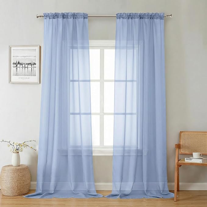 Lecloud Denim Blue Sheer Curtains 96 Inches Long 2 Panels, Rod Pocket Light by Lecloud