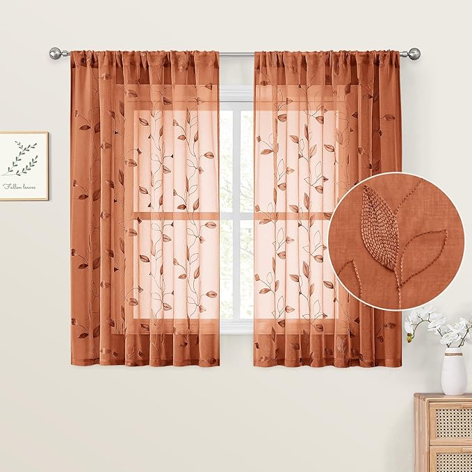 HOMEIDEAS Fall Burnt Orange Sheer Kitchen Curtains 52 x 45 Inch Length 2 Panels by HOMEIDEAS
