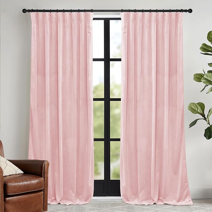 RYB HOME Pink Velvet Curtains 96 inches, Back Tab Soft Fabric Room Darkening by RYBHOME