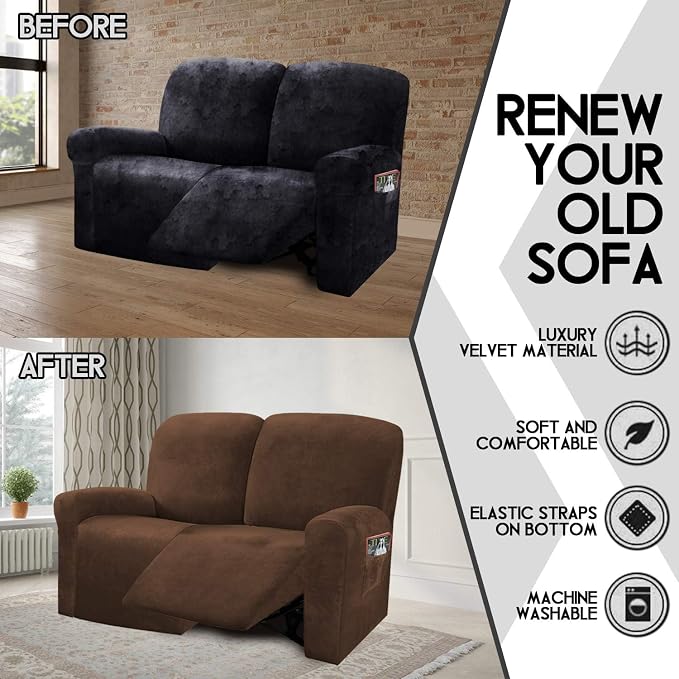 ULTICOR Reclining Love Seat Slipcover, 6-Piece Velvet Stretch Loveseat - Image 6