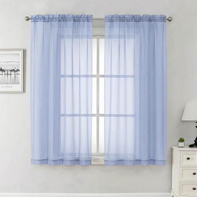 Lecloud Denim Blue Sheer Curtains 63 Inch Length 2 Panels, Light Filtering by Lecloud