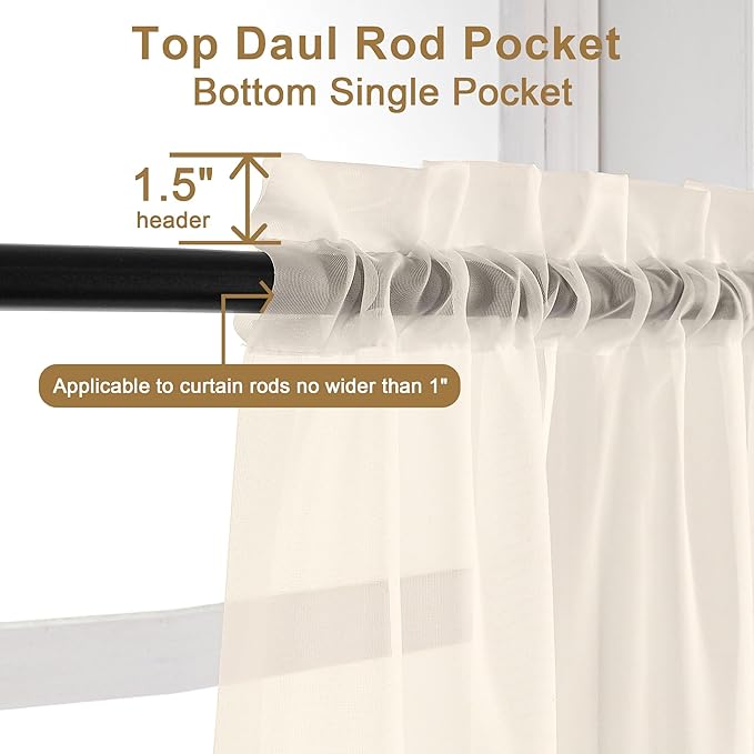 Chyhomenyc Cream Sheer Curtains 45 Inch Long 2 Panels, Short Voile Sheer Drapes - Image 4