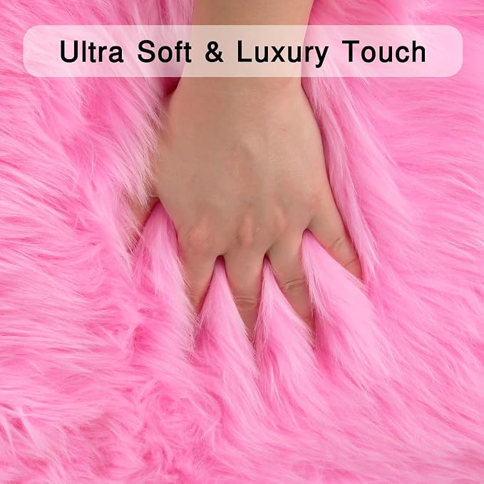 duduta Hot Pink Faux Sheepskin Round Rug 4x4 ft, Fluffy Shag Girls Bedroom - Image 3