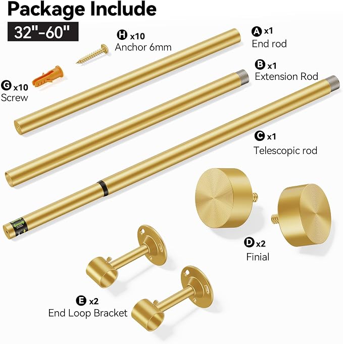 YaFex Heavy Duty Curtain Rods 32-60 Inch, 1 Inch Adjustable Gold Curtain Rod - Image 7