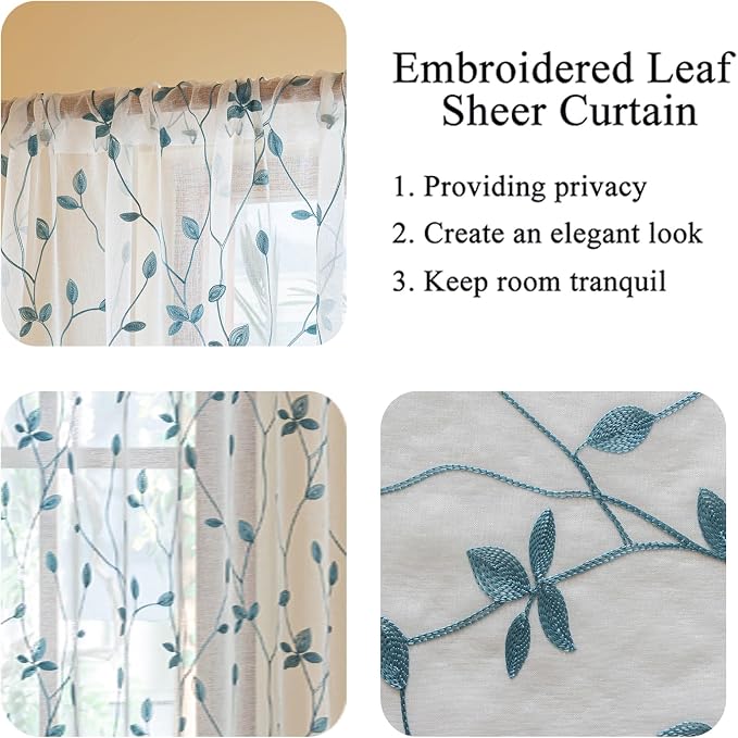 AmHoo 2 Panels Embroidered Leaf Pattern Semi Sheer Curtains Foliage Floral - Image 4