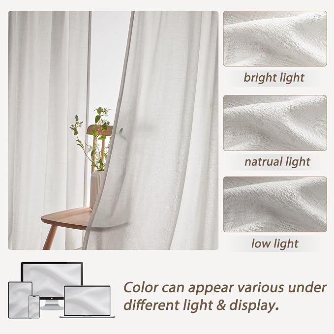 PleatedDrapes Beige White Sheer Linen Curtains 96 Inches Long - Image 5