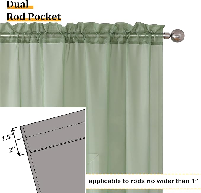Aiyufeng Sheer Sage Green Curtains 120 Inches Long, Extra Long Rod Pocket Solid - Image 3