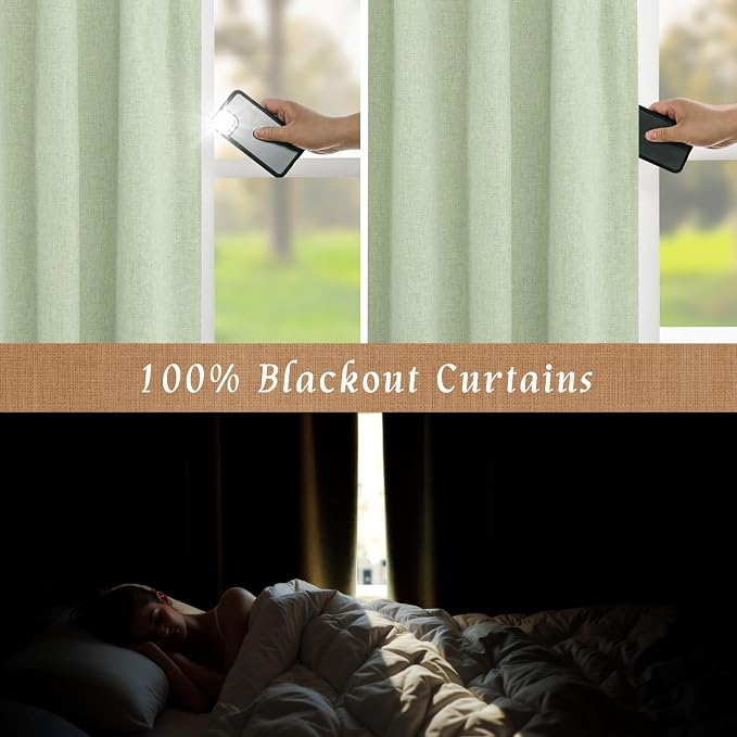 Light Green 100% Blackout Linen Curtains 63 Inches - Image 3