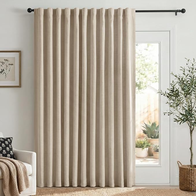 Linen Textured Total Blackout Sliding Door Curtains 90 Inches Long, Oatmeal | by 100BlackoutShield