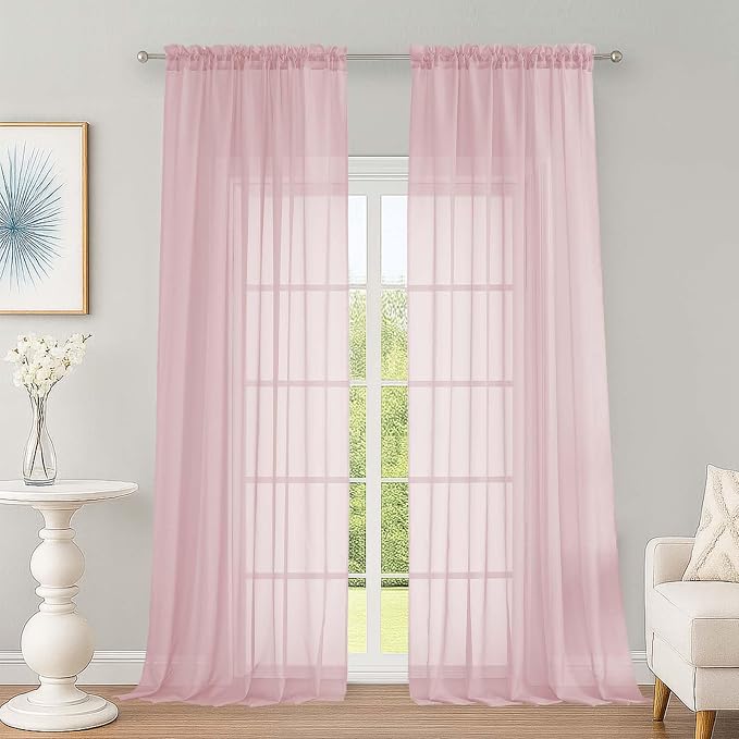 OWENIE Extra Long Blush Sheer Curtains 96 Inches Long 2 Panels Set, Soft by OWENIE