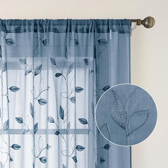 HOMEIDEAS Stone Blue Sheer Kitchen Curtains 52 x 54 Inch Length 2 Panels - Image 5