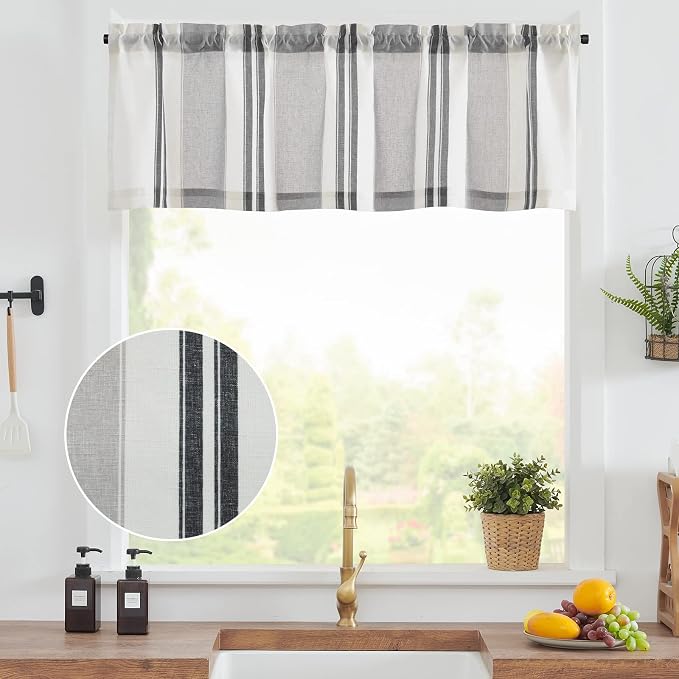 jinchan Striped Valance Farmhouse Window Treatment Linen Textured Drapes - Image 9