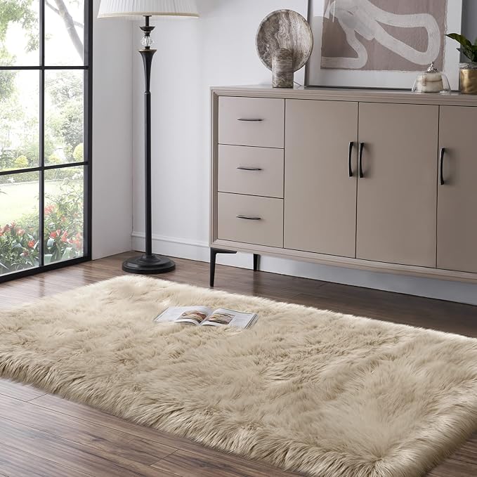 Beige Fluffy Rug for Bedroom, Soft Shag Rug for Sofa Couch Cushion, Cozy Shaggy - Image 8