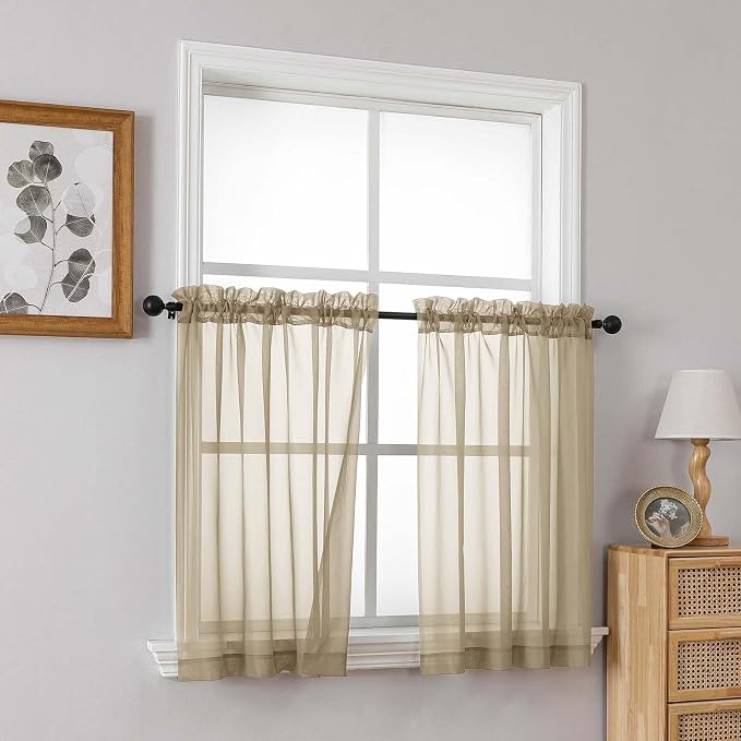 Taupe Small Sheer Curtains 2 Panels Set, Kitchen Curtains 36 Inch Length - Image 8