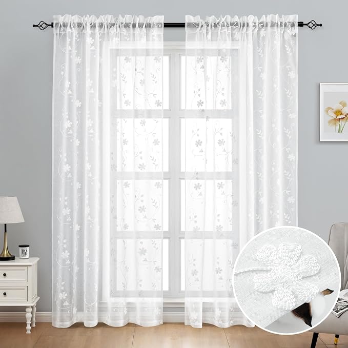 HOMEIDEAS White Sheer Curtains 84 Inches Long 2 Panels White Embroidered Floral - Image 2