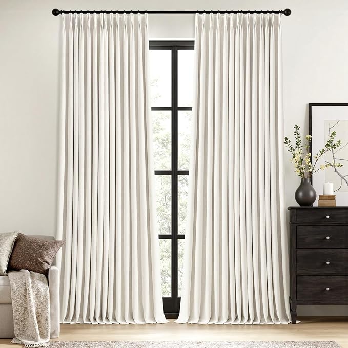MIULEE Beige White Pinch Pleated 100% Blackout Linen Curtains 40x102 Inches | by MIULEE