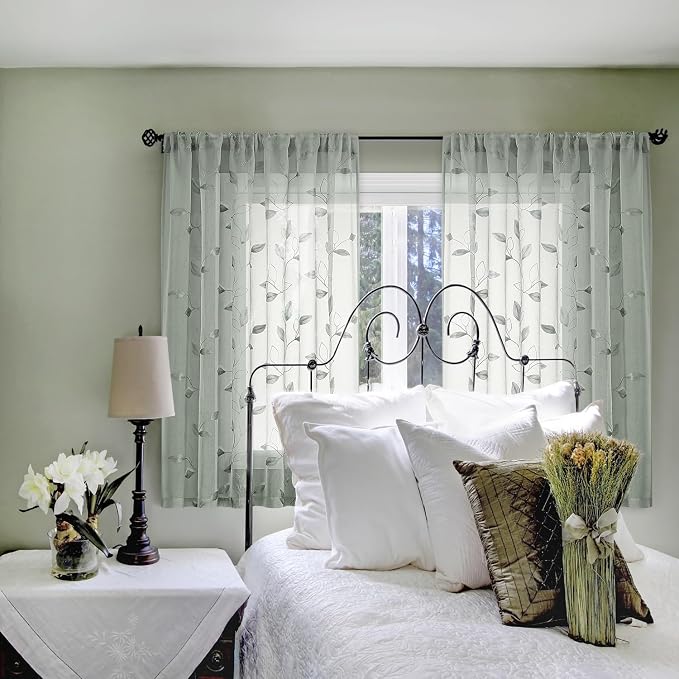 HOMEIDEAS Sage Green Sheer Curtains 52 x 54 Inch Length 2 Panels Embroidered - Image 5