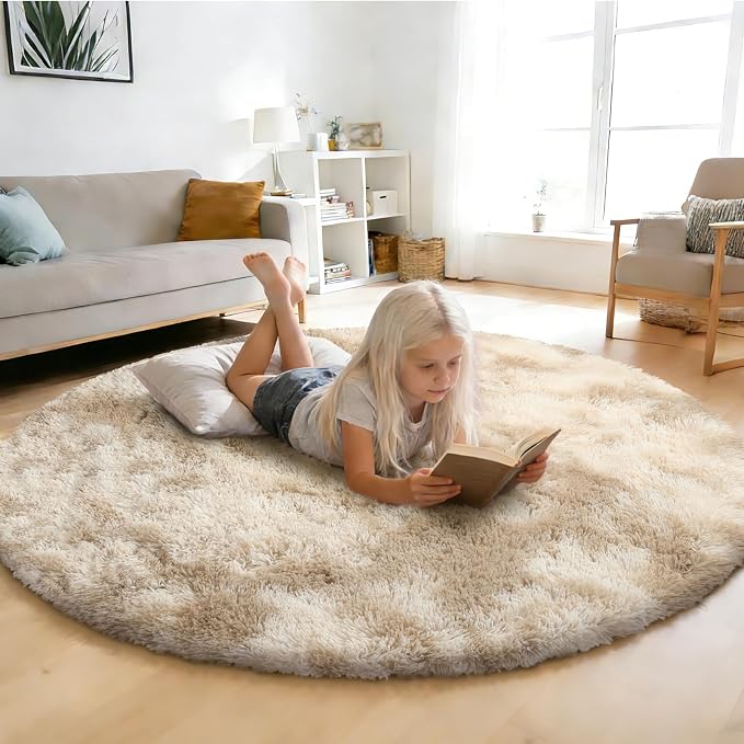 Tie-Dyed Beige Fluffy Round Rug, Soft Area Rugs by yulidayang