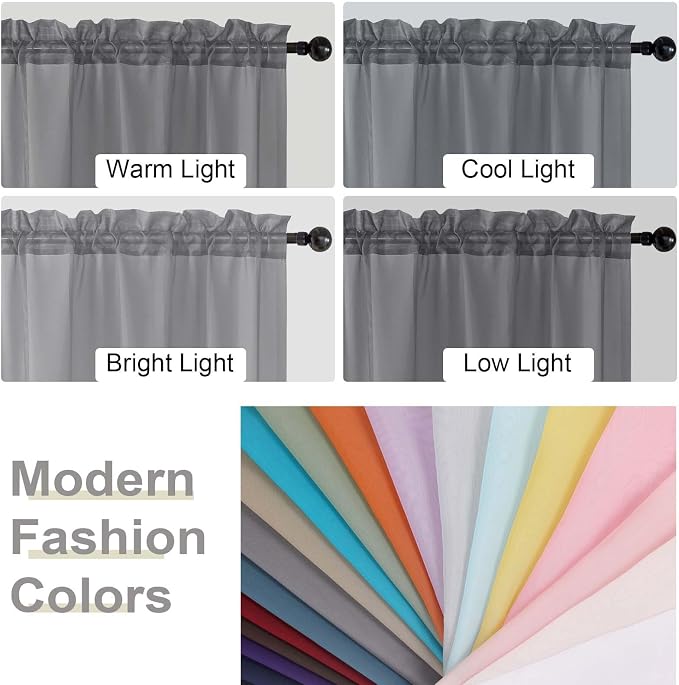 Grey Valances for Windows, Sheer Curtains 14 Inch Length 2 Pack Kitchen Curtain - Image 5