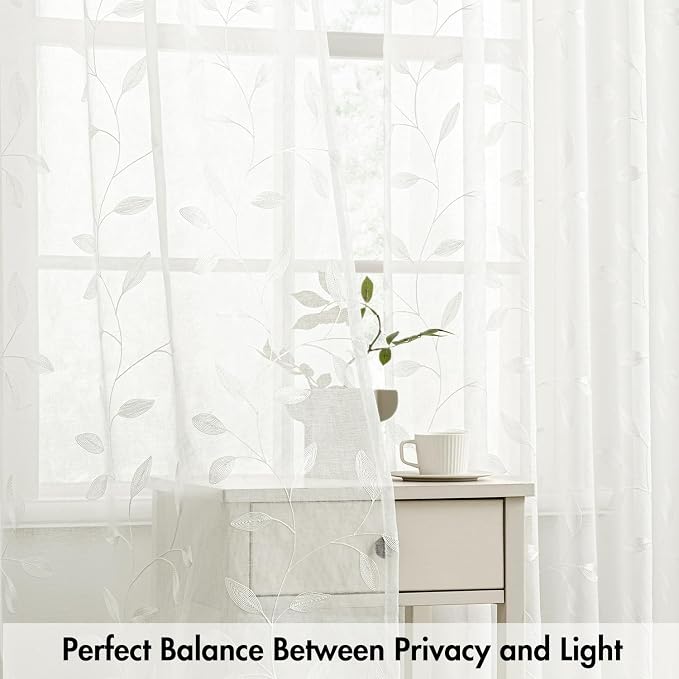 MIULEE Ivory Sheer Curtains 2 Panels Embroidered Leaf Patterned Rod Pocket - Image 5