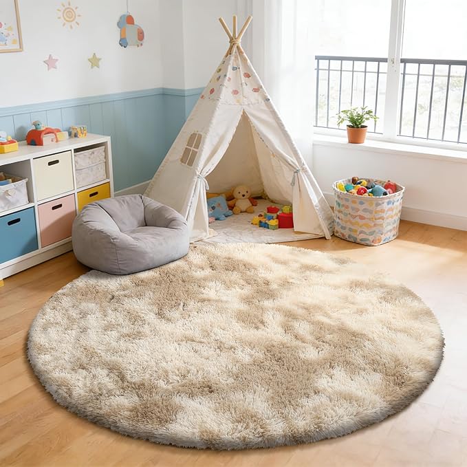 Tie-Dyed Beige Fluffy Round Rug, Soft Area Rugs - Image 6