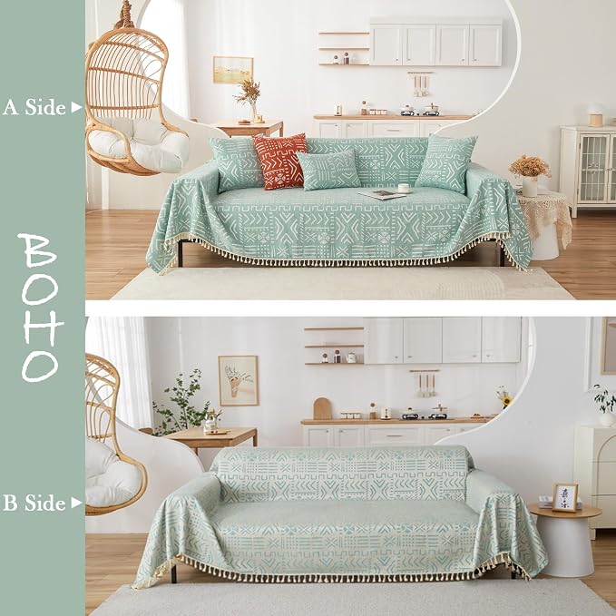 HANDONTIME Farmhouse Couch Cover Tassel Light Green Sofa Covers - Image 2