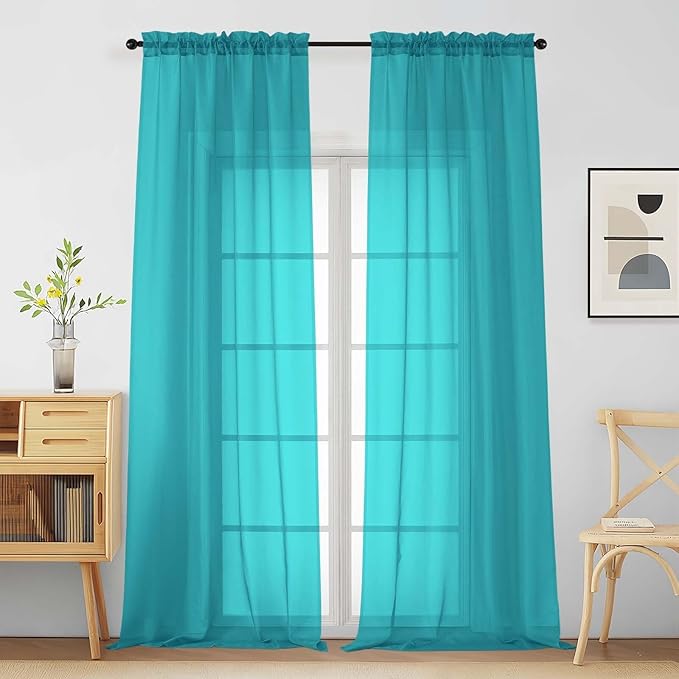 Turquoise Sheer Curtains for Window 96 Inches Long 2 Panels, Soft Airy Light by Home