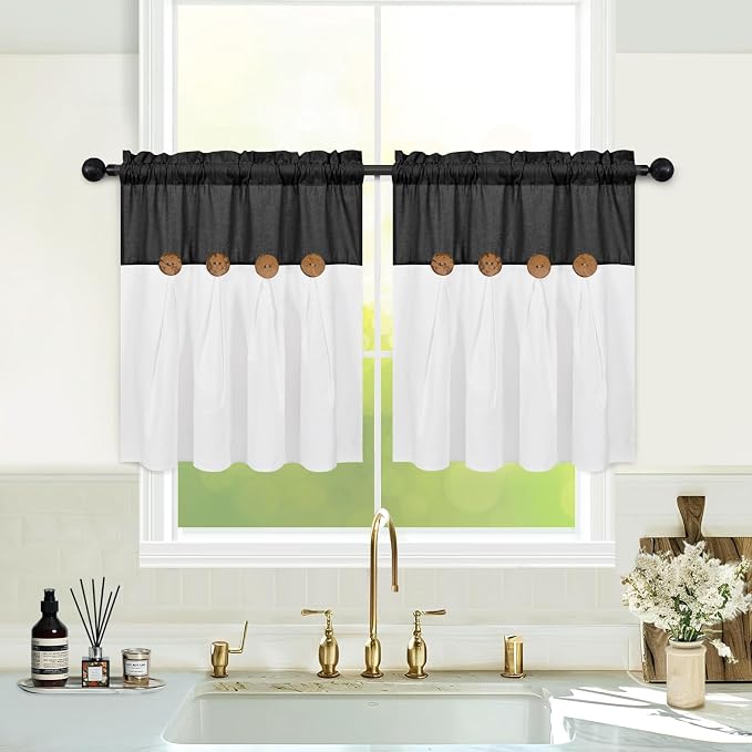 Boho Kitchen Curtains 24 Inch Length, Farmhouse Cotton Linen Tier Curtains by FRAMICS